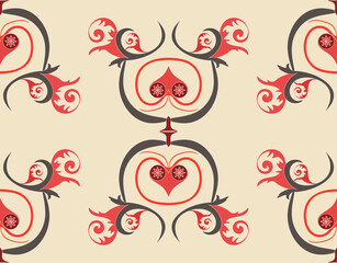 Red, burgundy, brown elements in the form of stylized leaves and flowers.Seamless pattern of elements, reminiscent of Old Russian painting