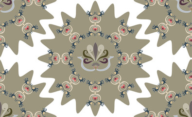 Red, brown, blue elements in the form of stylized leaves and flowers. Seamless pattern of elements, reminiscent of Old Russian painting