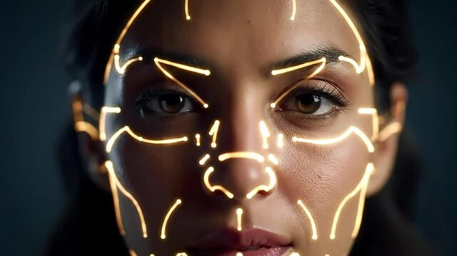 A close-up of a woman's face with illuminated facial mapping lines for analysis.