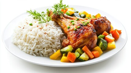 Fototapeta premium Delicious roasted chicken drumsticks with rice and assorted fresh vegetables on a plate