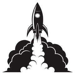 Black Rocket Launching Silhouette with Flame Blast, Isolated Spacecraft on White