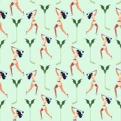 Seamless pattern with retro-style girls in swimsuits and sun hats posing near palm silhouettes on mint green background