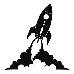 Black Rocket Launching Silhouette with Flames and Smoke, Isolated on White Background