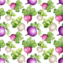 Seamless pattern of realistic radishes and turnips with green leafy tops on a white background in fresh and natural style