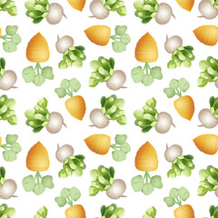 Farm Fresh Vegetable Pattern – Garlic, Lettuce, Turnips, and Greens. Vibrant Botanical Seamless Pattern Featuring Garden Vegetables

