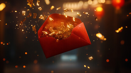 A vibrant and festive scene featuring a glowing red envelope (hongbao) filled with golden coins, surrounded by sparkling embers and warm, radiant light. The image evokes themes of prosperity