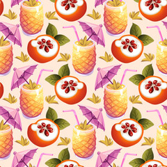 Seamless pattern with tropical pineapple cocktails, halved pomegranates, paper umbrellas, and citrus leaves in a vibrant summer style