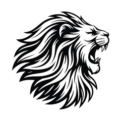 Roaring Lion Head Outline Aggressive Feline, Angry Expression, Black and White Design