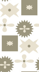 Geometric shapes in the form of squares, ovals in beige and green-brown tones form a seamless pattern for presentations, postcards, websites.