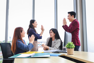 Business Team Meeting in Office, Successful Business Team Celebration, Happy Colleagues Celebrating Success in Office