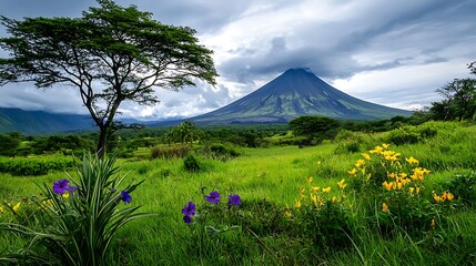 there is a very tall mountain in the distance with purple and yellow flowers in the foreground