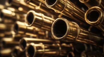 Close-up of numerous gleaming brass tubes, shallow depth of field, highlighting textures and circular openings