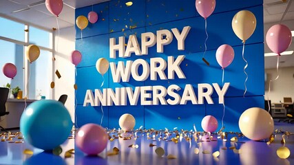 Festive office celebration with Happy Work Anniversary banner, colorful balloons, confetti, blue backdrop, joyful workplace party - Powered by Adobe