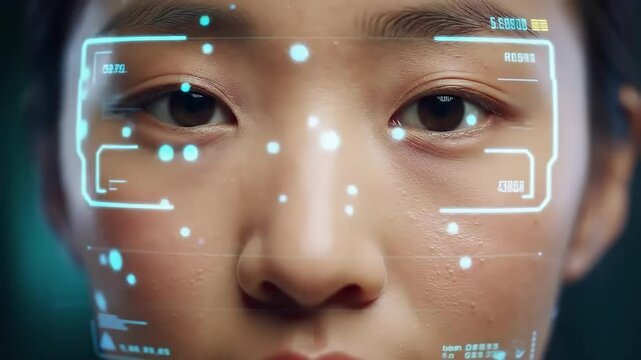 Close-up of a face with digital facial recognition interface overlay.
