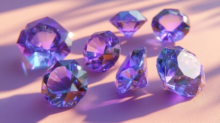 Fototapeta premium Seven faceted purple gemstones scattered on a pink surface, illuminated by soft, dappled light, showcasing vibrant color and sparkle