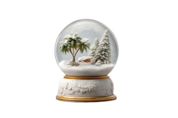 PNG Winter tropical snow globe with palm trees and pine trees in snowy landscape