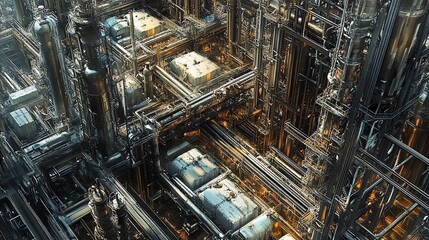 Fototapeta premium Industrial Complex Infrastructure, An Intricate Network of Pipes and Vessels