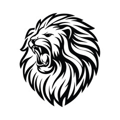 Black And White Roaring Lion Head. Bold Outline. Fierce Expression. Animal Icon