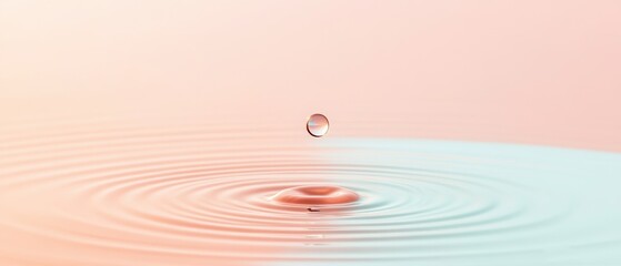 Clear liquid droplet suspended above calm surface, concentric rings expanding outward, soft peach and teal background, minimalist design, clean visual.