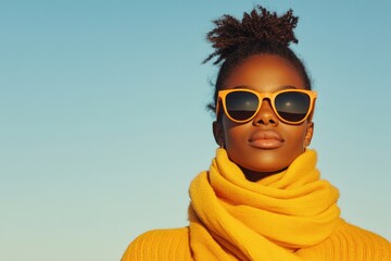Fototapeta na wymiar Bright yellow attire contrasts against clear blue sky, embodying