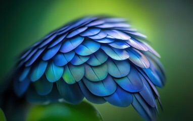 Fototapeta premium Close-up of iridescent blue feathers, overlapping in a rounded, almost floral arrangement against a blurred green background