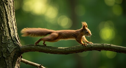 Obraz premium Red Squirrel Leaping Across Branch in Lush Forest