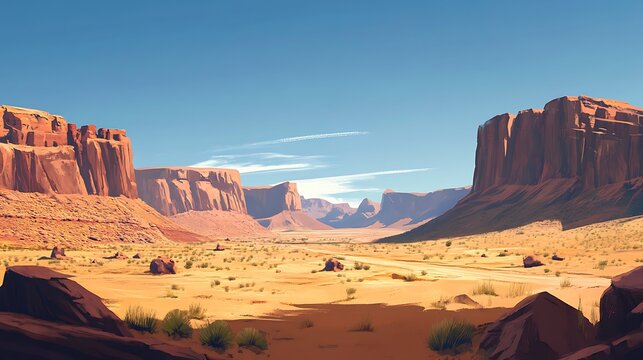 Monument Valley's red rock desert panorama with breathtaking vista of Arizona's iconic landscape for stunning natural beauty vast rock formations desert exploration concept.