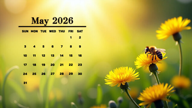 Charming May 2026 calendar set against a warm floral background with blooming dandelions and buzzing bees, evoking the freshness and energy of late spring.