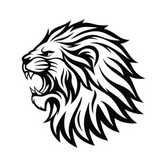 Roaring Lion Head Profile, Black and White Bold Outline, Fierce Animal Design, Mane