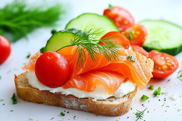 Salmon and Vegetable Open Sandwich. Open-faced sandwich with salmon, tomatoes, and cucumber, perfect for brunch or appetizer.