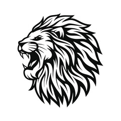 Monochrome Lion Head Roaring Illustration, Wild Feline with Sharp Teeth, Isolated Design