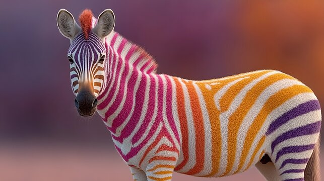 3D rendering of a zebra with multi-colored stripes.