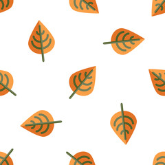Seamless Pattern Featuring Stylized Autumnal Leaves Scattered on White Background