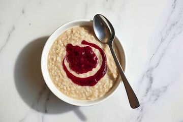 A photograph of a bowl of creamy oatmeal porridge