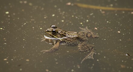 Frog in Murky Water: A Close-Up View
