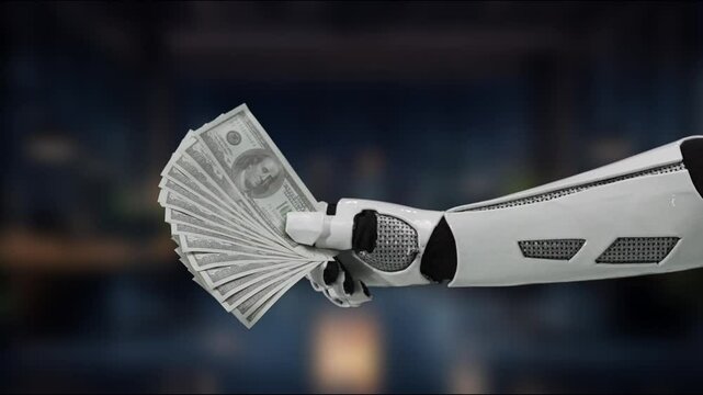 A futuristic robotic hand elegantly presenting cash in a sleek office setting, symbolizing the convergence of technology and finance in today's economy. MZL