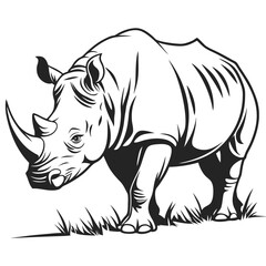 Bold Rhino Illustration, Powerful Wildlife, Black and White Silhouette, Horned Animal Art