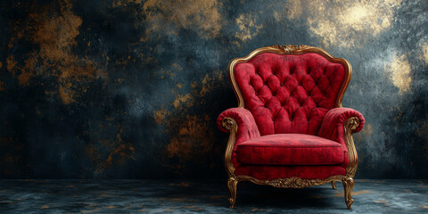 Luxury Red Velvet Armchair in a Dark Room. Red and Golden Chair in Royal style on a Dark Background	