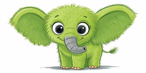 a bright green furry baby elephant with big eyes