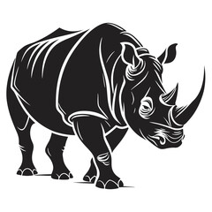 Fototapeta premium Black Silhouette of a Walking Rhinoceros with Horns, Detailed Markings, and Strong Legs