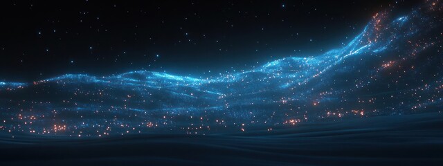 Abstract blue wave with glowing particles, dark background.