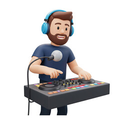 Animated DJ with Headphones Mixing Tunes on Console Radiating Creative Vibe