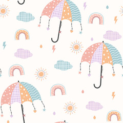 kids seamless pattern, umbrella , rain, cloud pattern, baby, child, children, fabric, textile, paper, boho, bohemian © Nidhi