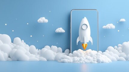 A rocket launches from a smartphone screen, surrounded by clouds and a blue sky, symbolizing innovation and technology.