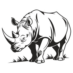 Rhinoceros Silhouette Bold Black Lines on White Background, Wildlife Standing