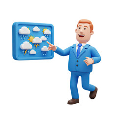 Animated meteorologist forecasting weather conditions with interactive display