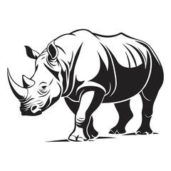 Isolated Walking Black & White Rhino | Horned Rhinoceros Animal Design