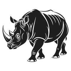 Fototapeta premium Black Silhouette of Walking Rhinoceros with Detailed Horns on Isolated White Background