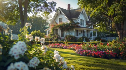A picturesque white house with a red brick chimney surrounded by a vibrant flower garden in summer