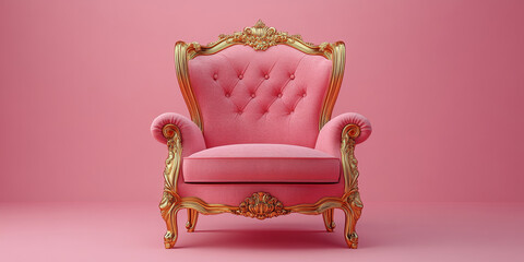 Vintage Pink Gold Armchair on Pink Background. Pink Golden Chair in Royal style on a Pink Background	